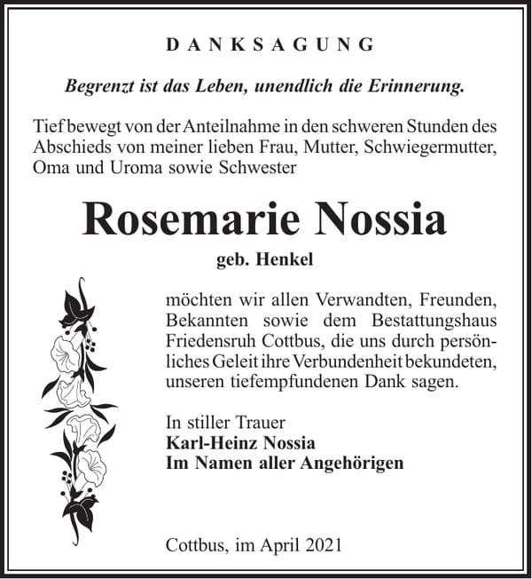 Danksagung Rosemarie Nossia, geb. Henkel