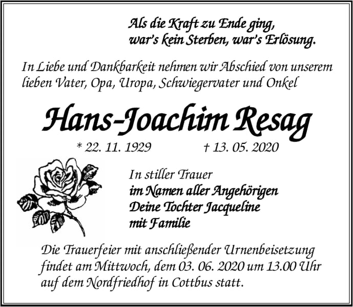 Traueranzeige Hans-Joachim Resag