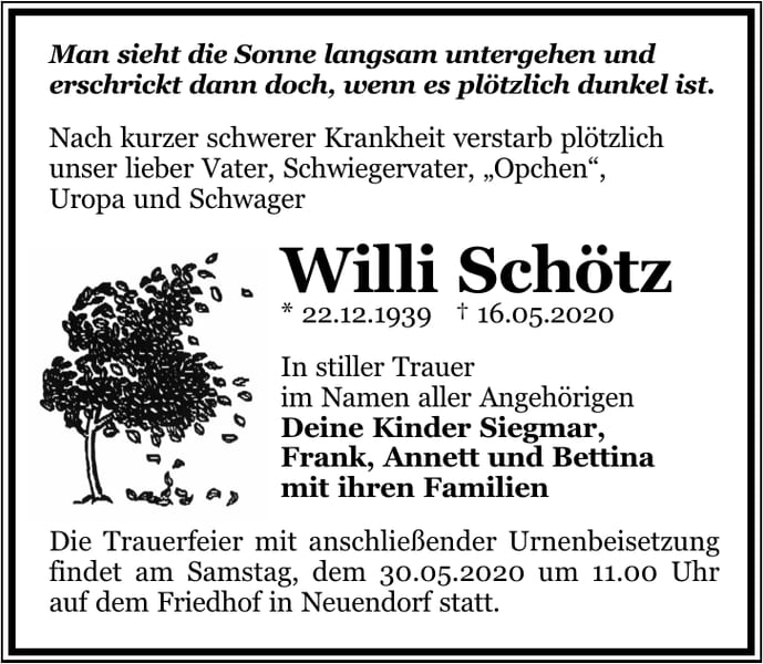 Traueranzeige Willi Schötz