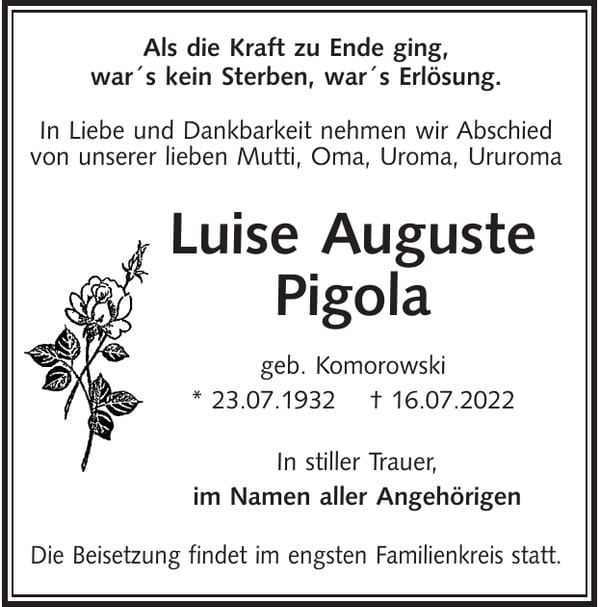 Traueranzeige Luise Auguste Pigola, geb. Komorowski