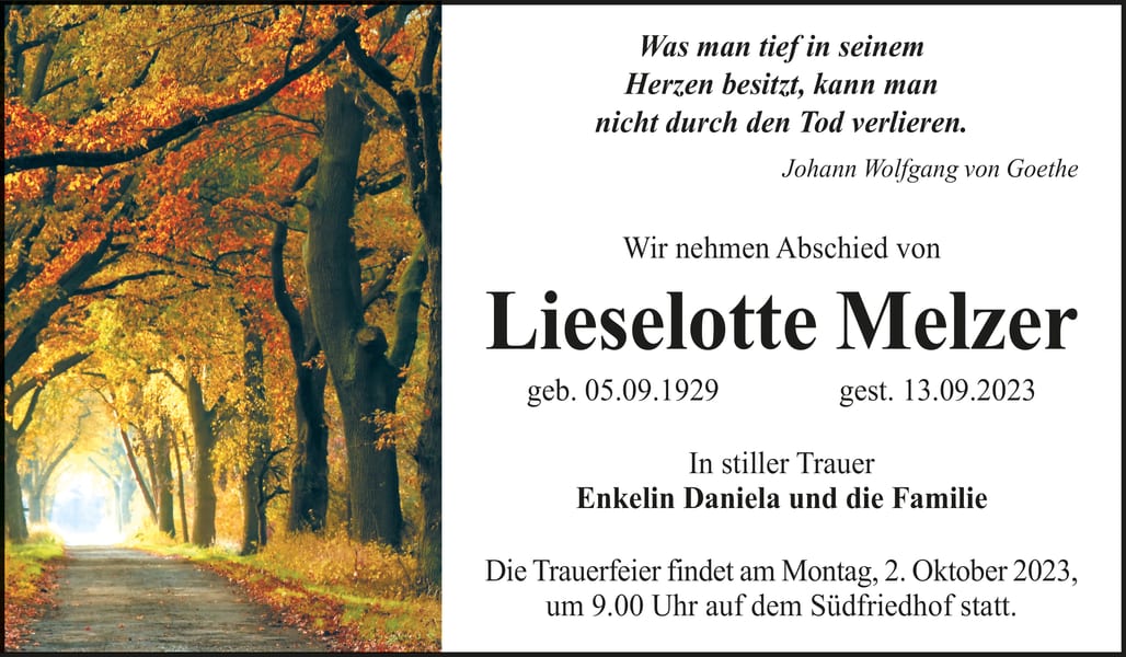 Traueranzeige Lieselotte Melzer