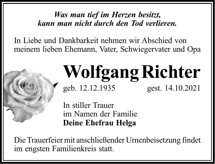 Traueranzeige Wolfgang Richter