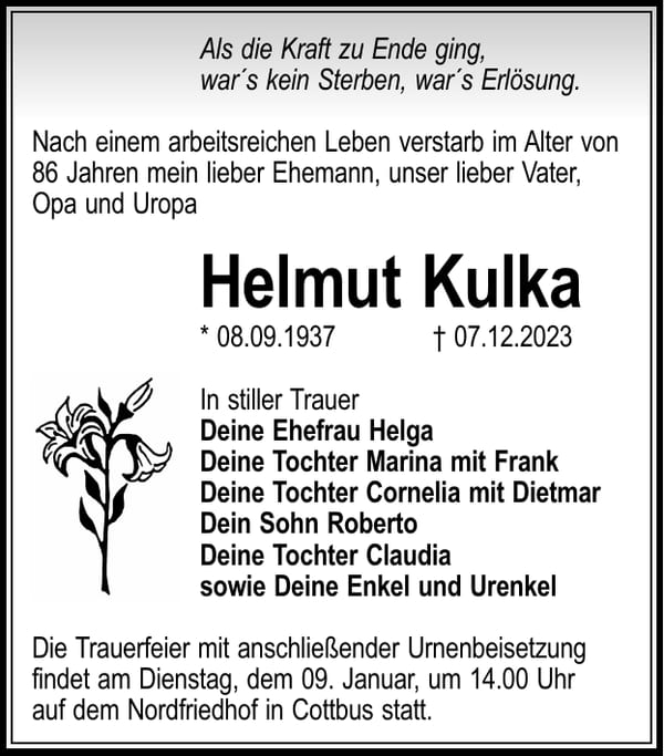 Traueranzeige Helmut Kulka