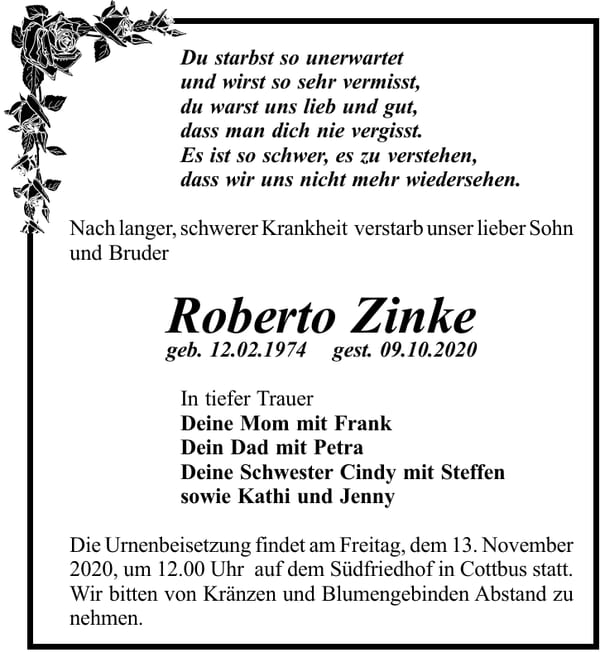 Traueranzeige Roberto Zinke