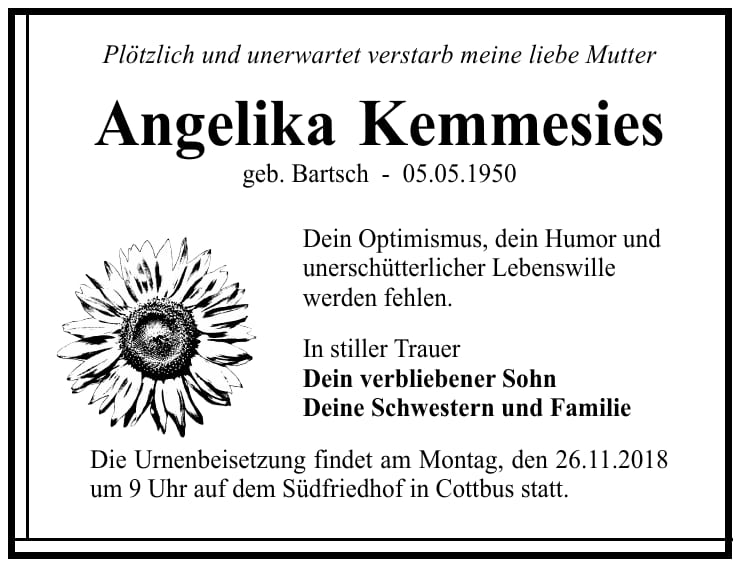 Traueranzeige Angelika Kemmesies, geb. Bartsch