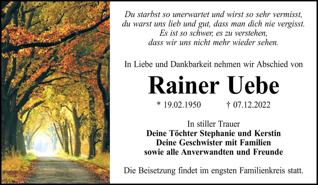Traueranzeige Rainer Uebe