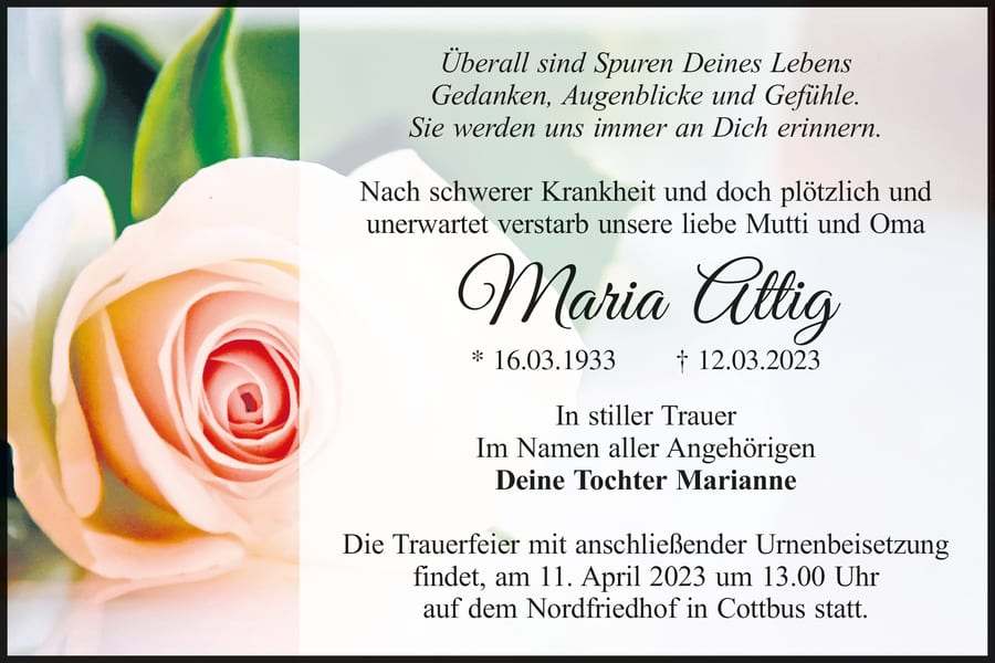 Traueranzeige Maria Attig