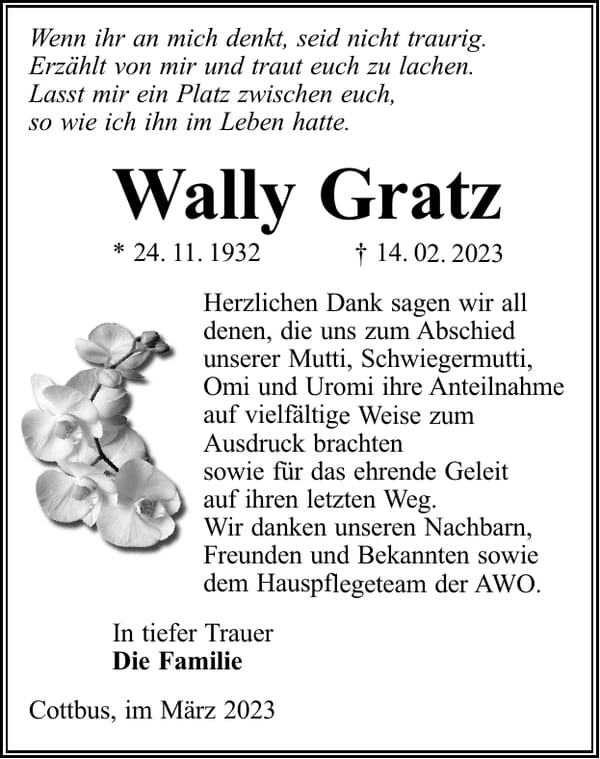 Traueranzeige Wally Gratz