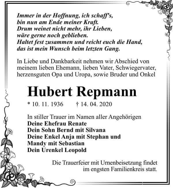 Traueranzeige Hubert Repmann