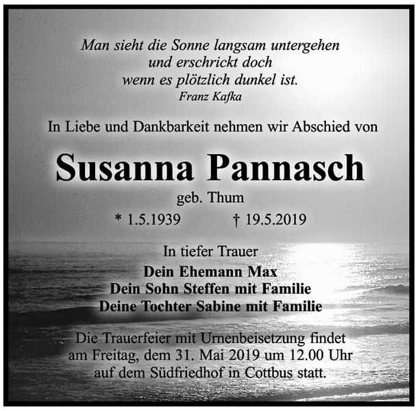 Traueranzeige Susanna Pannasch, geb. Thum
