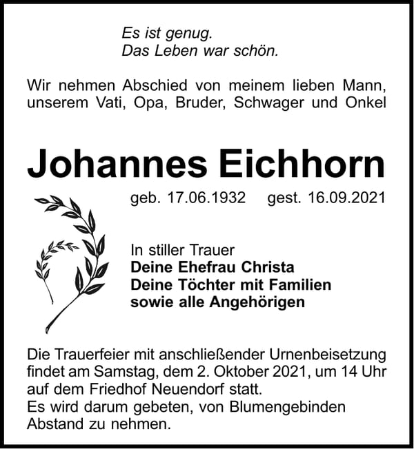 Traueranzeige Johannes Eichhorn