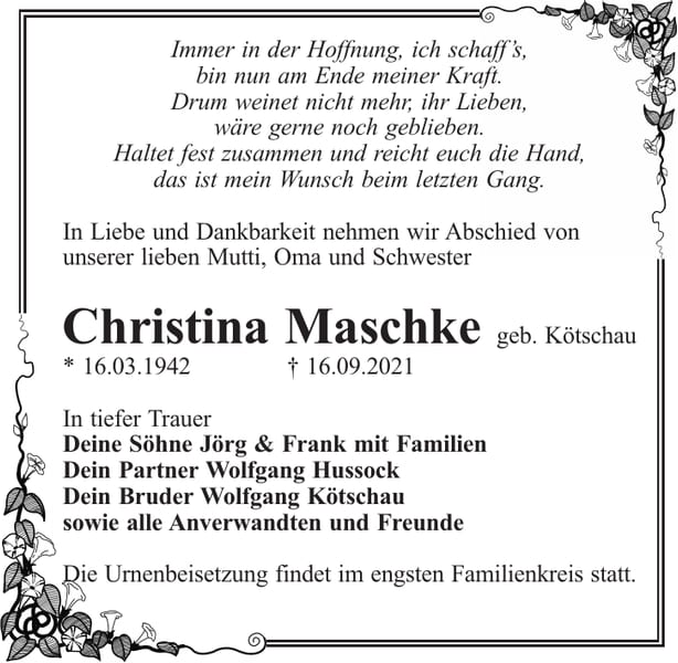 Traueranzeige Christina Maschke, geb. Kötschau