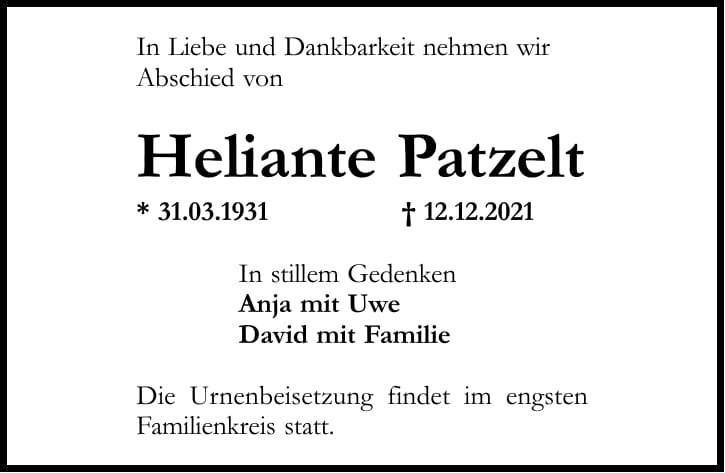 Traueranzeige Heliante Patzelt