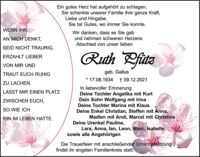 Traueranzeige Ruth Pfütz, geb. Gallus