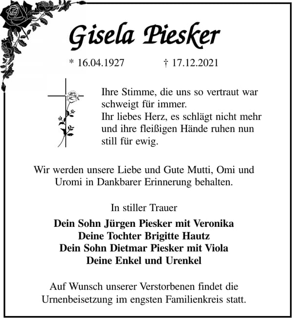 Traueranzeige Gisela Piesker