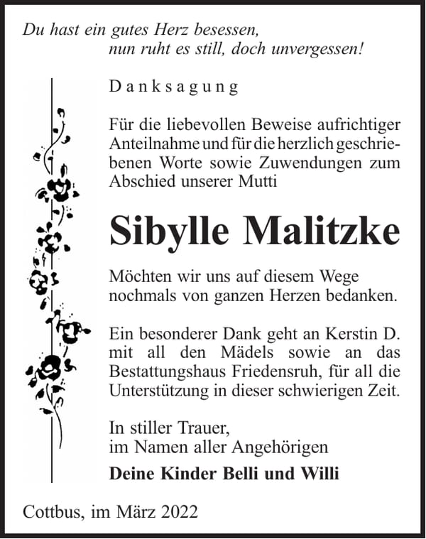Danksagung Sibylle Malitzke