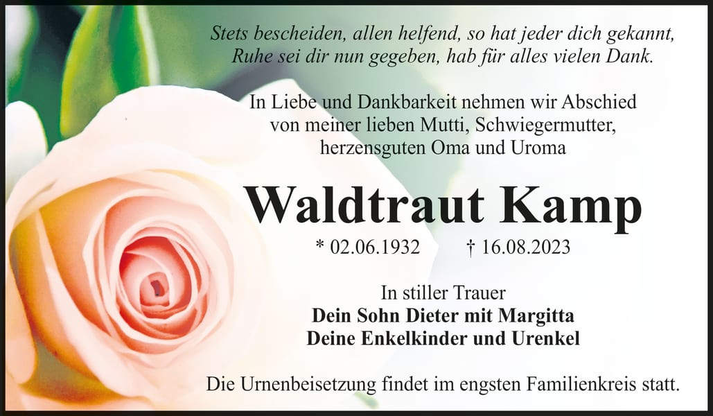 Traueranzeige Waldtraut Kamp