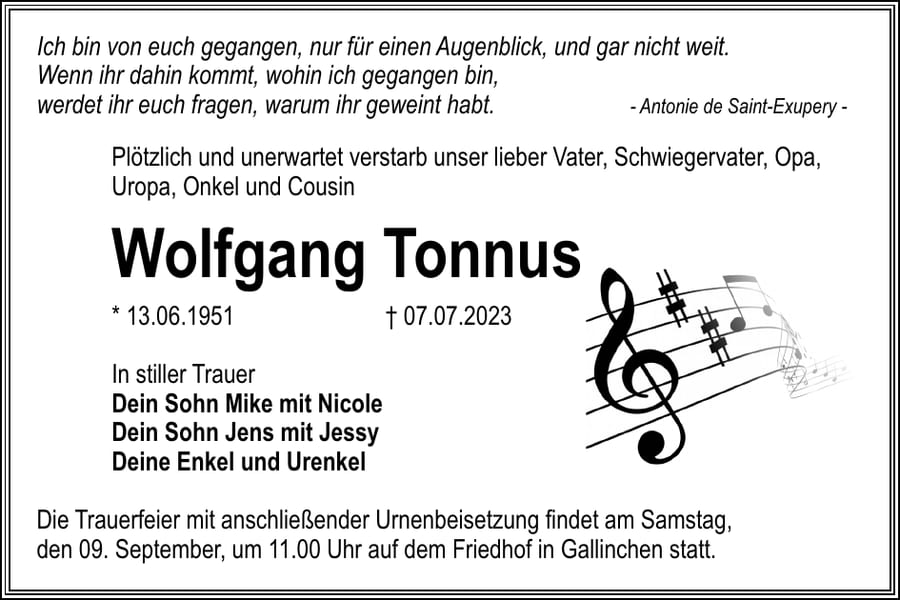 Traueranzeige Wolfgang Tonnus