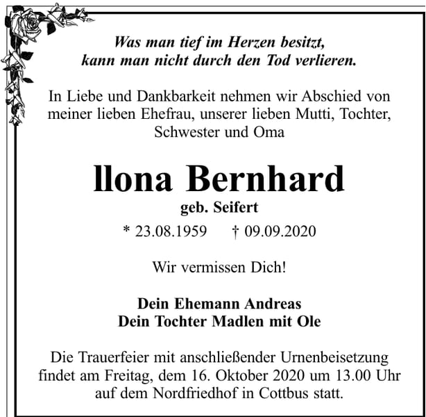 Traueranzeige Ilona Bernhard, geb. Seifert