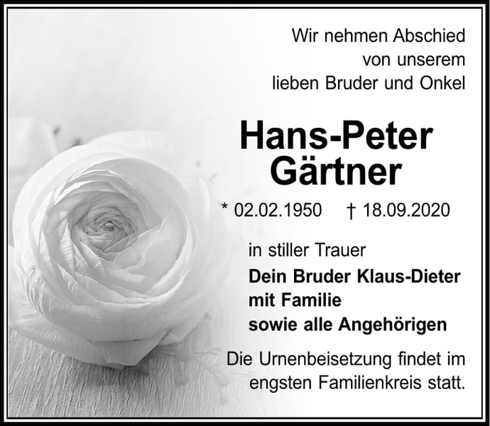 Traueranzeige Hans-Peter Gärtner