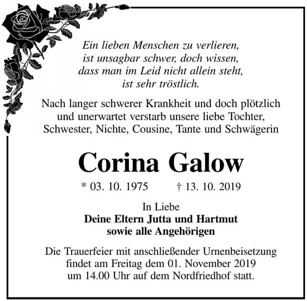 Traueranzeige Corina Galow
