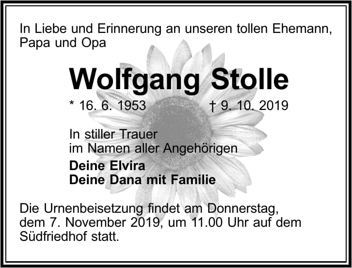Traueranzeige Wolfgang Stolle