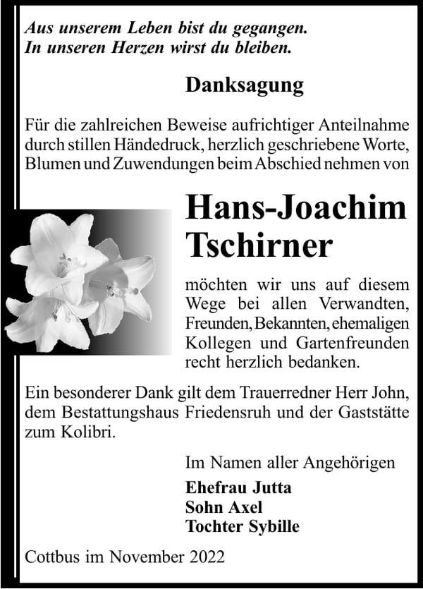 Traueranzeige Hans-Joachim Tschirner