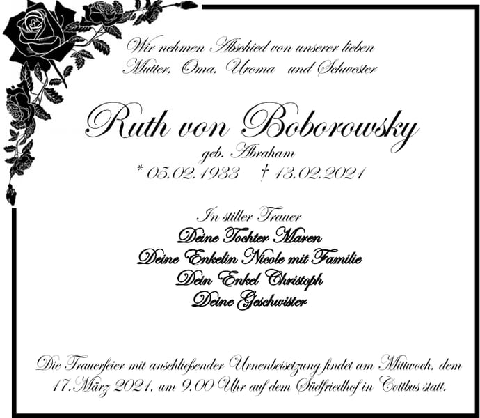 Traueranzeige Ruth von Boborowsky, geb. Abraham