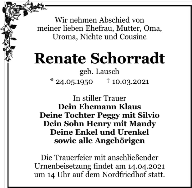 Traueranzeige Renate Schorradt, geb. Lausch