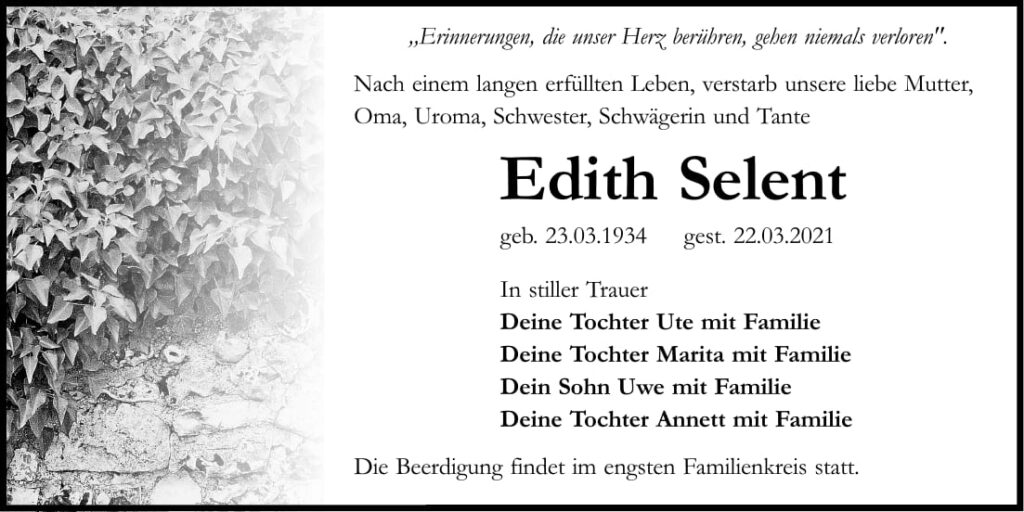 Traueranzeige Edith Selent