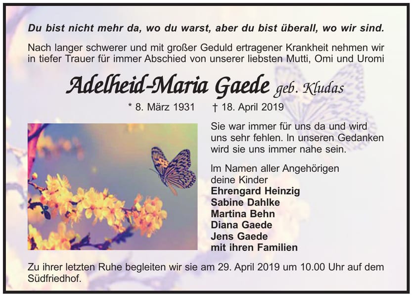 Traueranzeige Adelheid-Maria Gaede, geb. Kludas