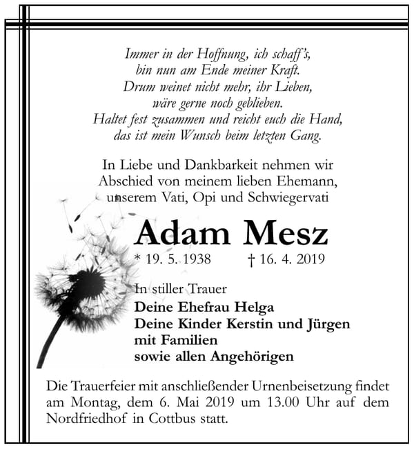 Traueranzeige Adam Mesz