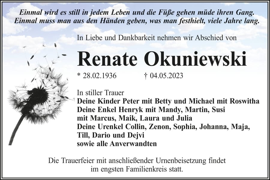 Traueranzeige Renate Okuniewski
