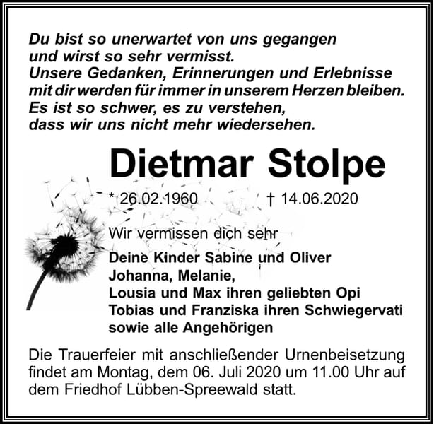 Traueranzeige Dietmar Stolpe