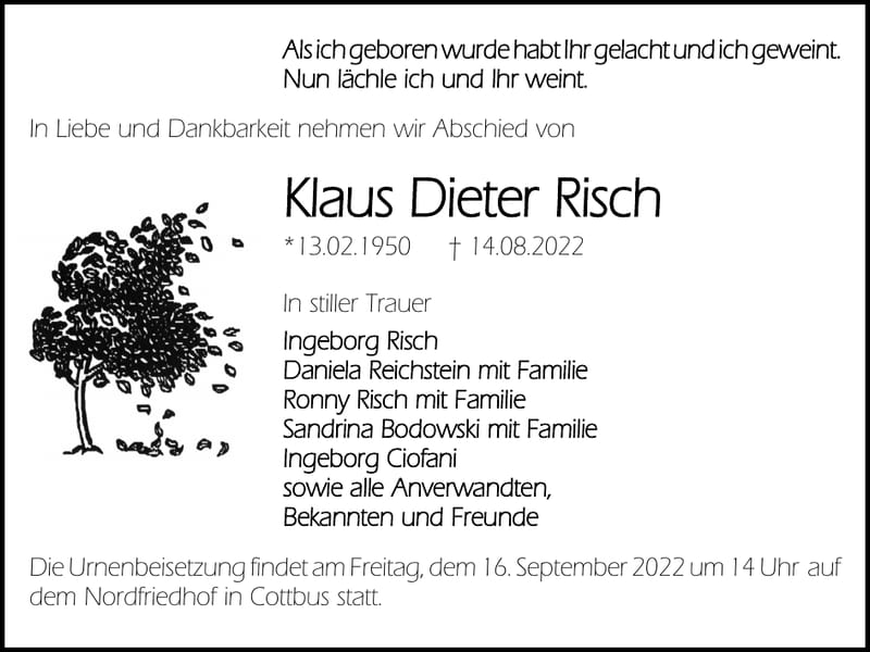 Traueranzeige Klaus Dieter Risch