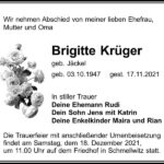 Traueranzeige Brigitte Krüger, geb. Jäckel