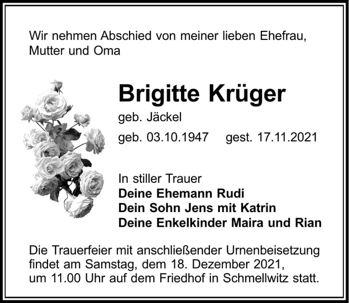 Traueranzeige Brigitte Krüger, geb. Jäckel