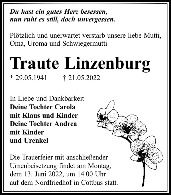 Traueranzeige Traute Linzenburg
