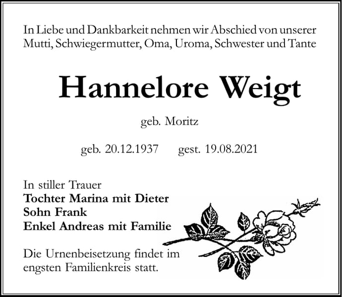 Traueranzeige Hannelore Weigt, geb. Moritz