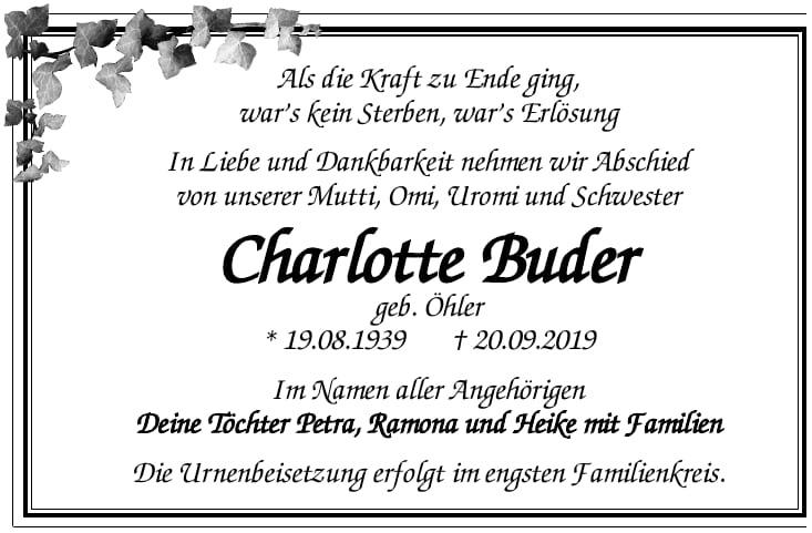 Traueranzeige Charlotte Buder, geb. Öhler