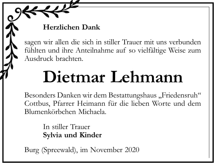Danksagung Dietmar Lehmann