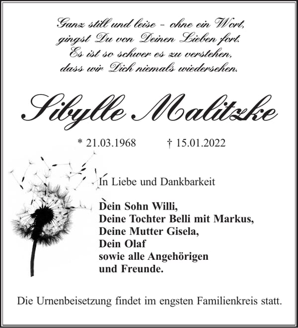 Traueranzeige Sibylle Malitzke