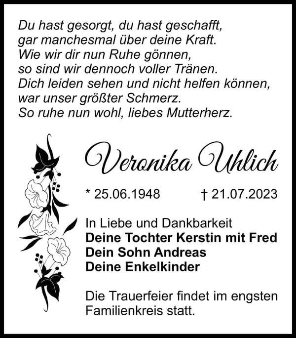Traueranzeige Veronika Uhlich