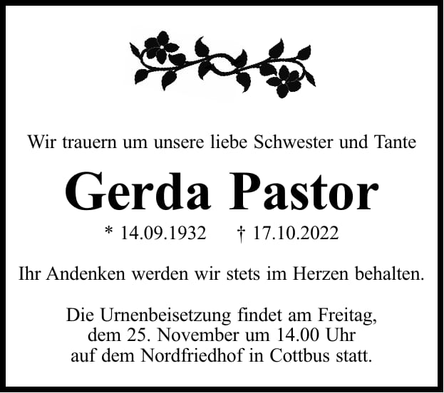 Traueranzeige Gerda Pastor
