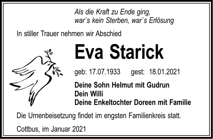 Traueranzeige Eva Starick