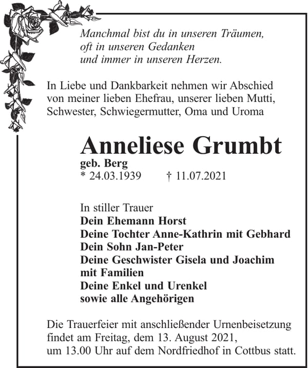 Traueranzeige Anneliese Grumbt, geb. Berg