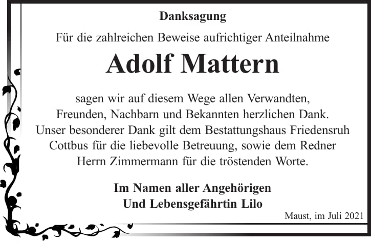 Danksagung Adolf Mattern