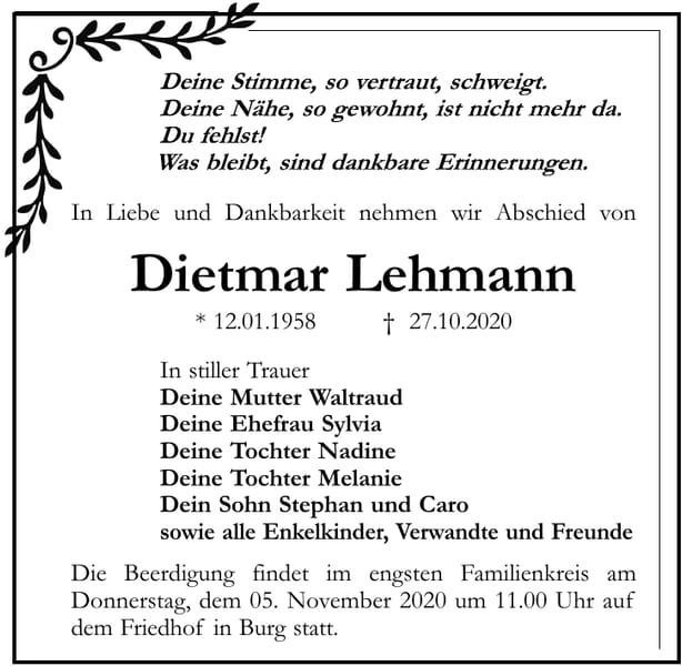 Traueranzeige Dietmar Lehmann