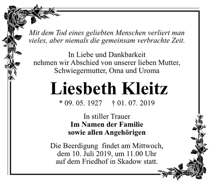 Traueranzeige Liesbeth Kleitz
