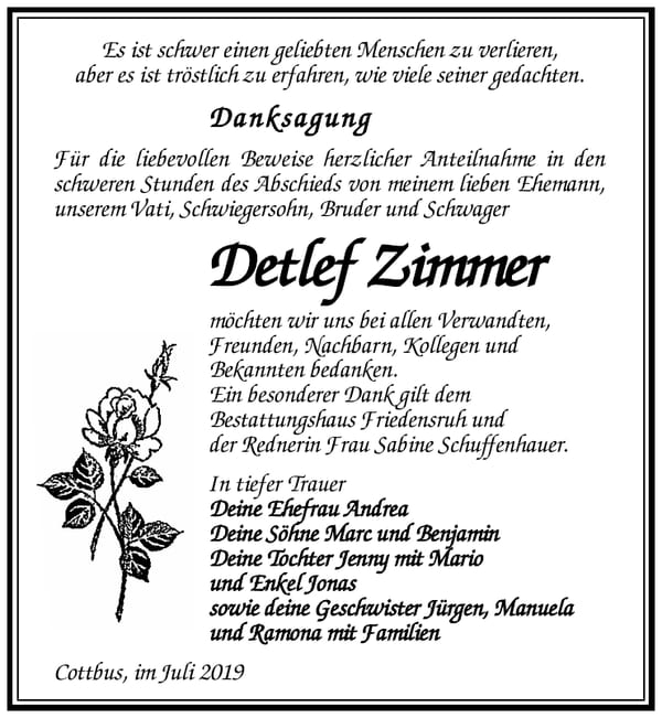 Traueranzeige Detlef Zimmer